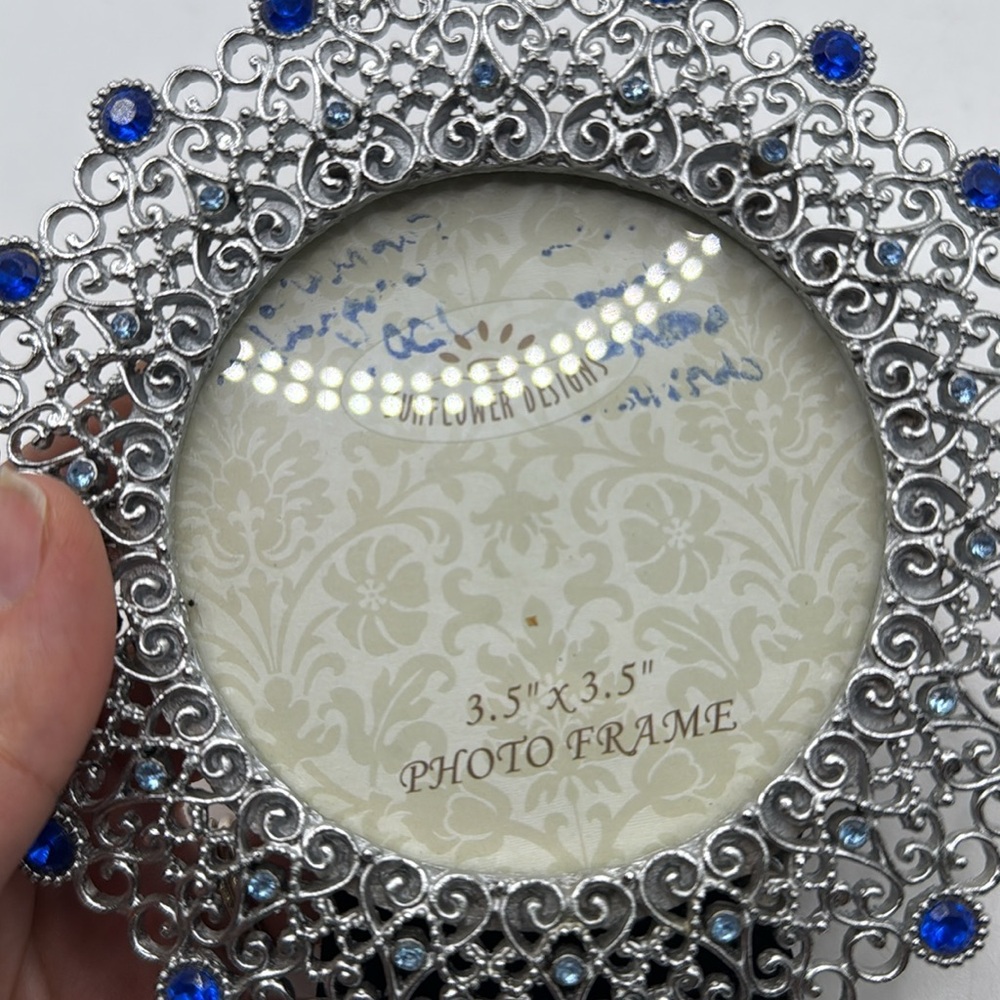 Sunflower Designs Silver Tone Blue Rhinestone Ornate Round Photo Frame - Picture 5 of 7